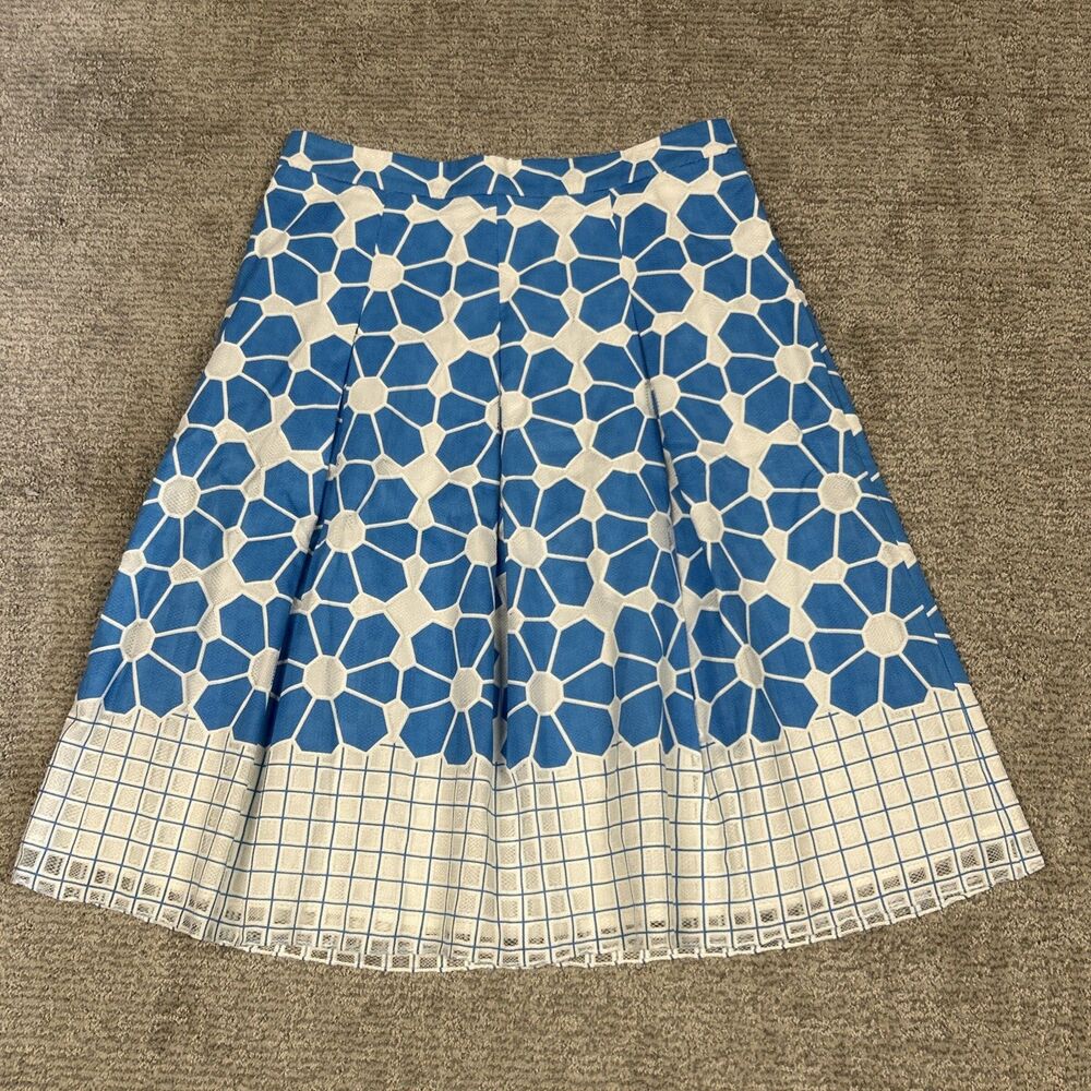 J McLaughlin Skirt Womens 6 Blue White Cotton Lined Peasant Pockets Office